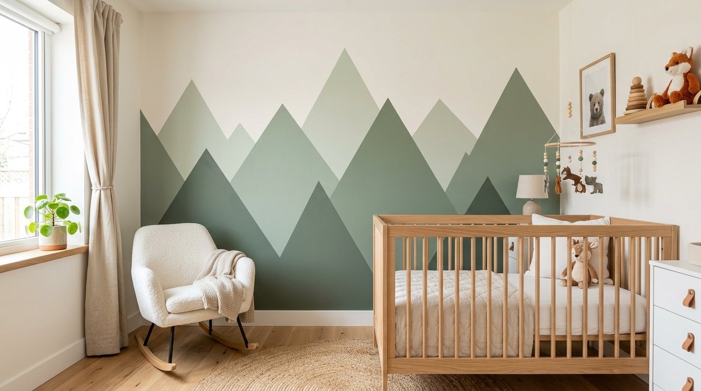 Baby room with wooden crib, white rocking chair, and layered sage and forest green mountain shapes painted on the wall.