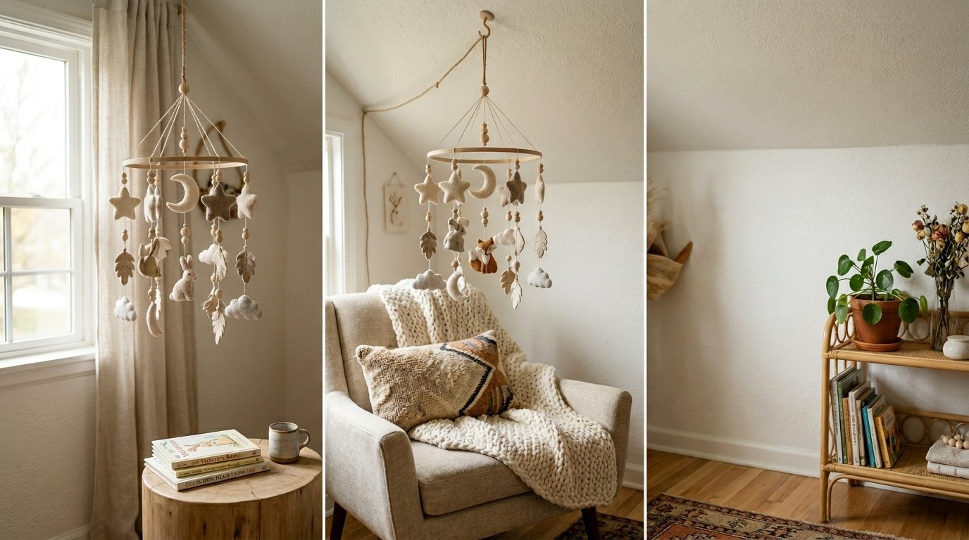 A beige nursery featuring a suspended felt baby mobile with stars, moons, and woodland animals over a cozy armchair.