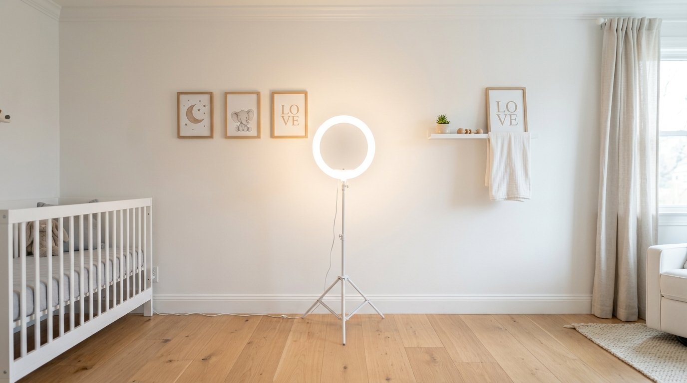 A glowing ring light stands on a tripod in a room with a white crib, wall art, and light wood floors.
