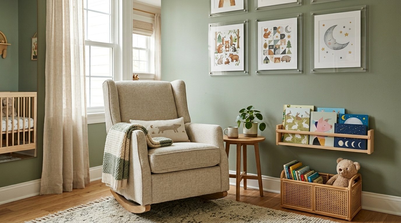 A beige wingback rocking chair sits in a nursery next to a wooden side table, wall-mounted books, and a toy basket.