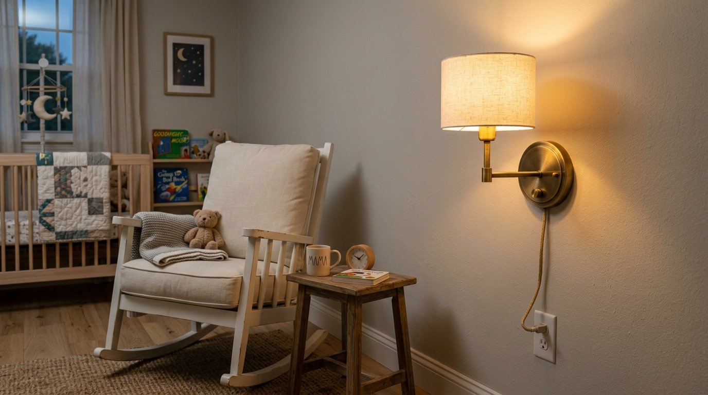 A white rocking chair sits in a nursery next to a wooden stool with a brass plug-in wall sconce illuminating the wall.