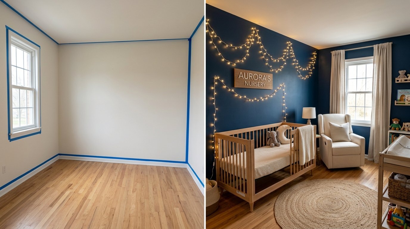 Split screen showing an empty room with blue painter tape followed by a finished navy nursery with crib and fairy lights.