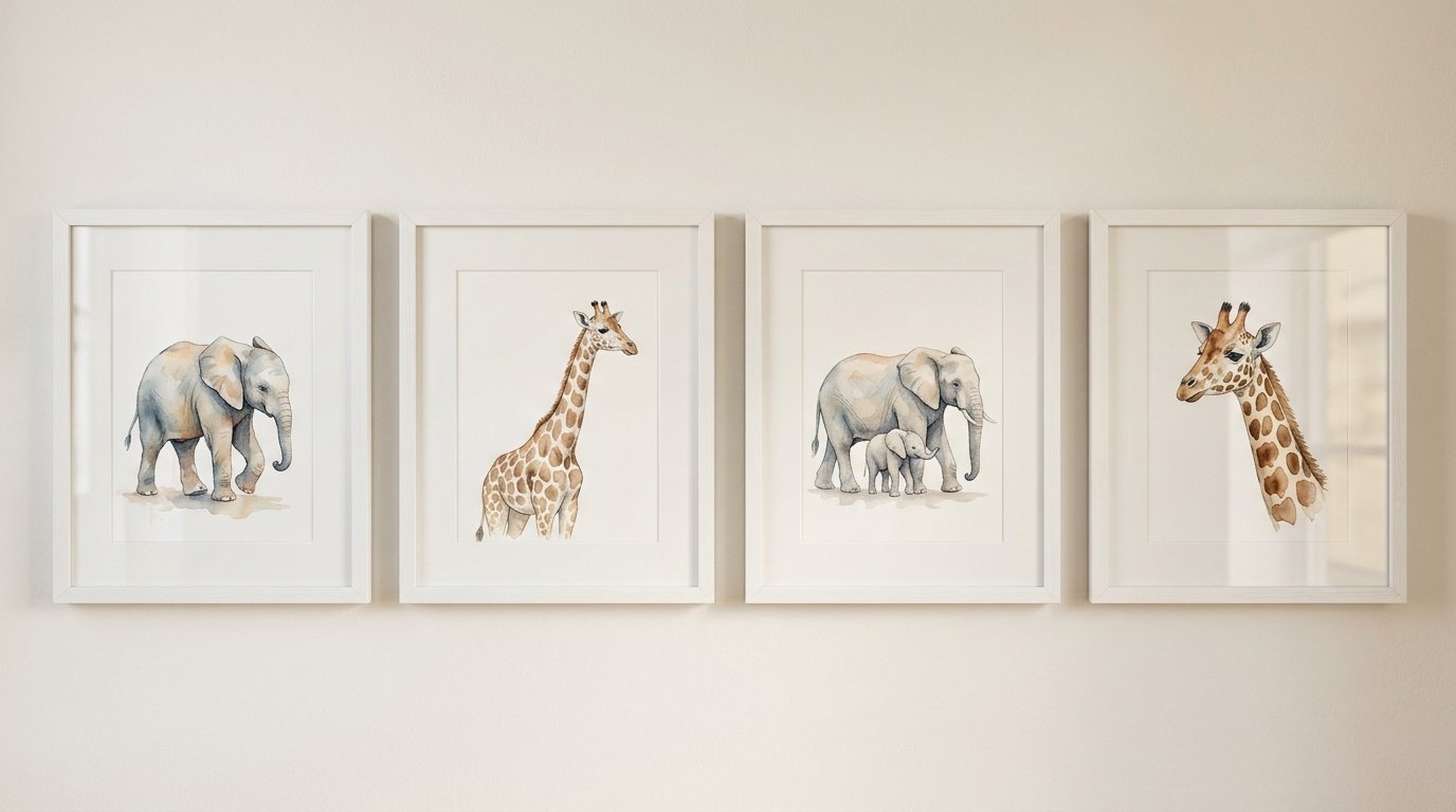 A set of four white-framed wall art prints displaying watercolor paintings of elephants and giraffes.