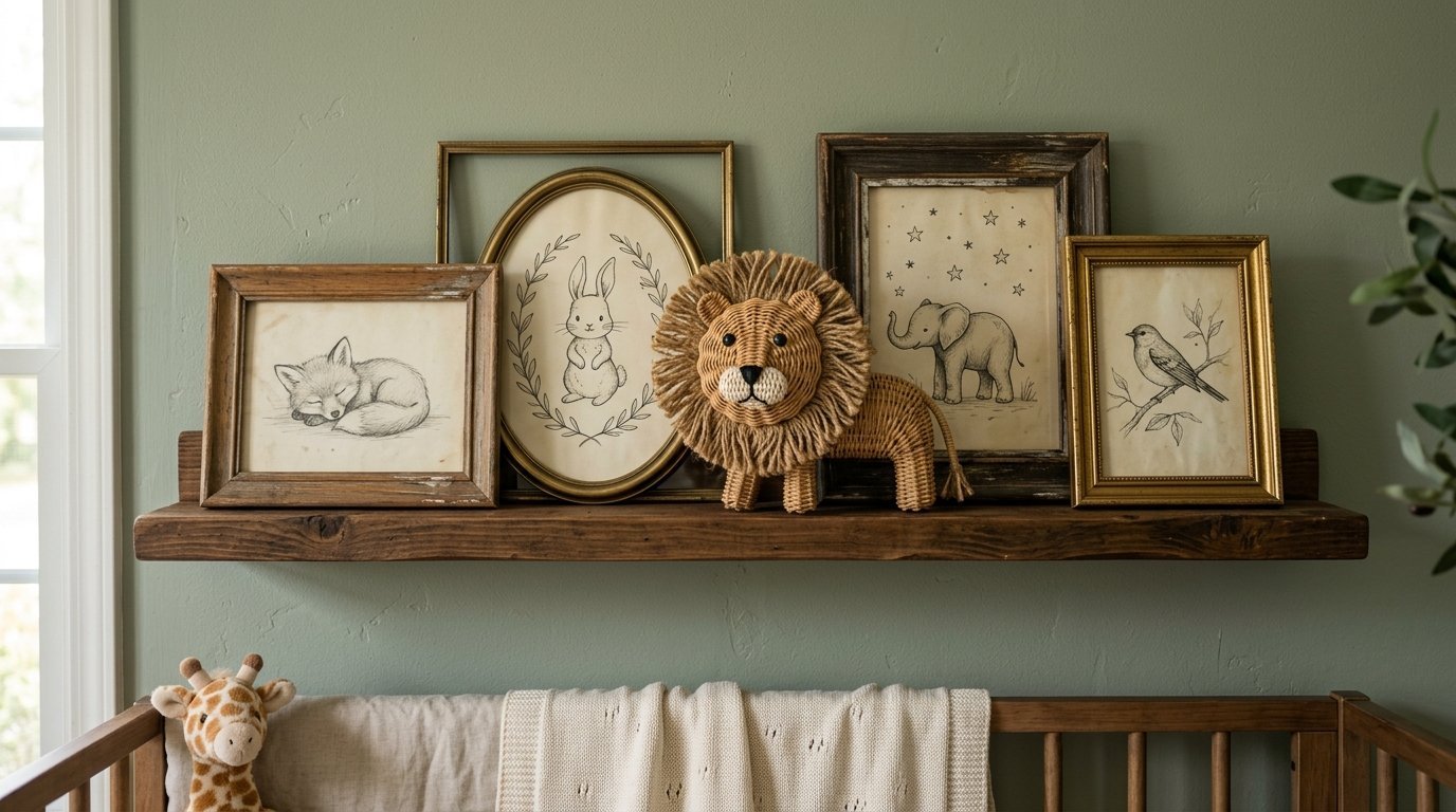 Wooden floating shelf above a crib displaying framed ink drawings of a fox, rabbit, elephant, and bird with a wicker lion.