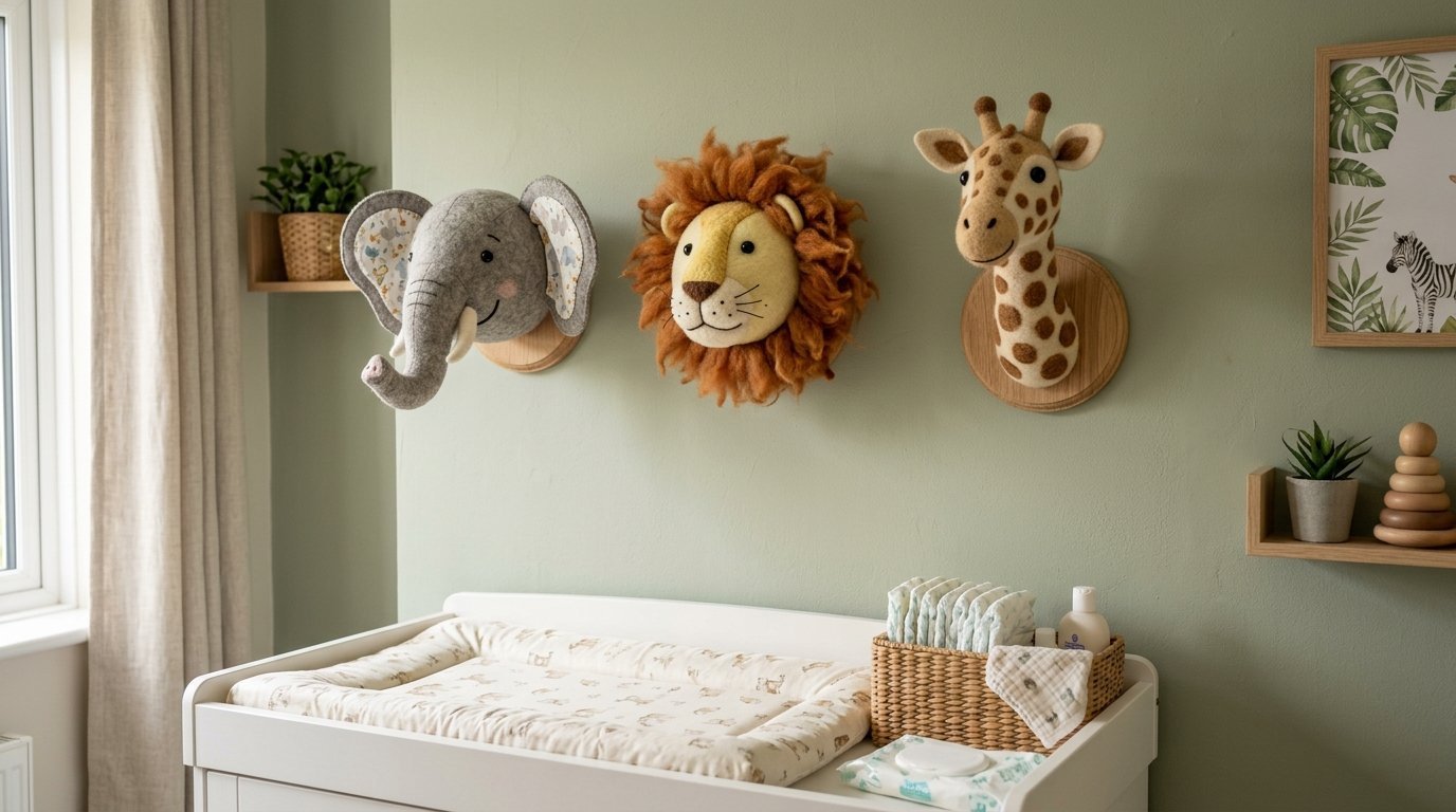 Elephant, lion, and giraffe plush heads mounted on a sage wall above a changing table.