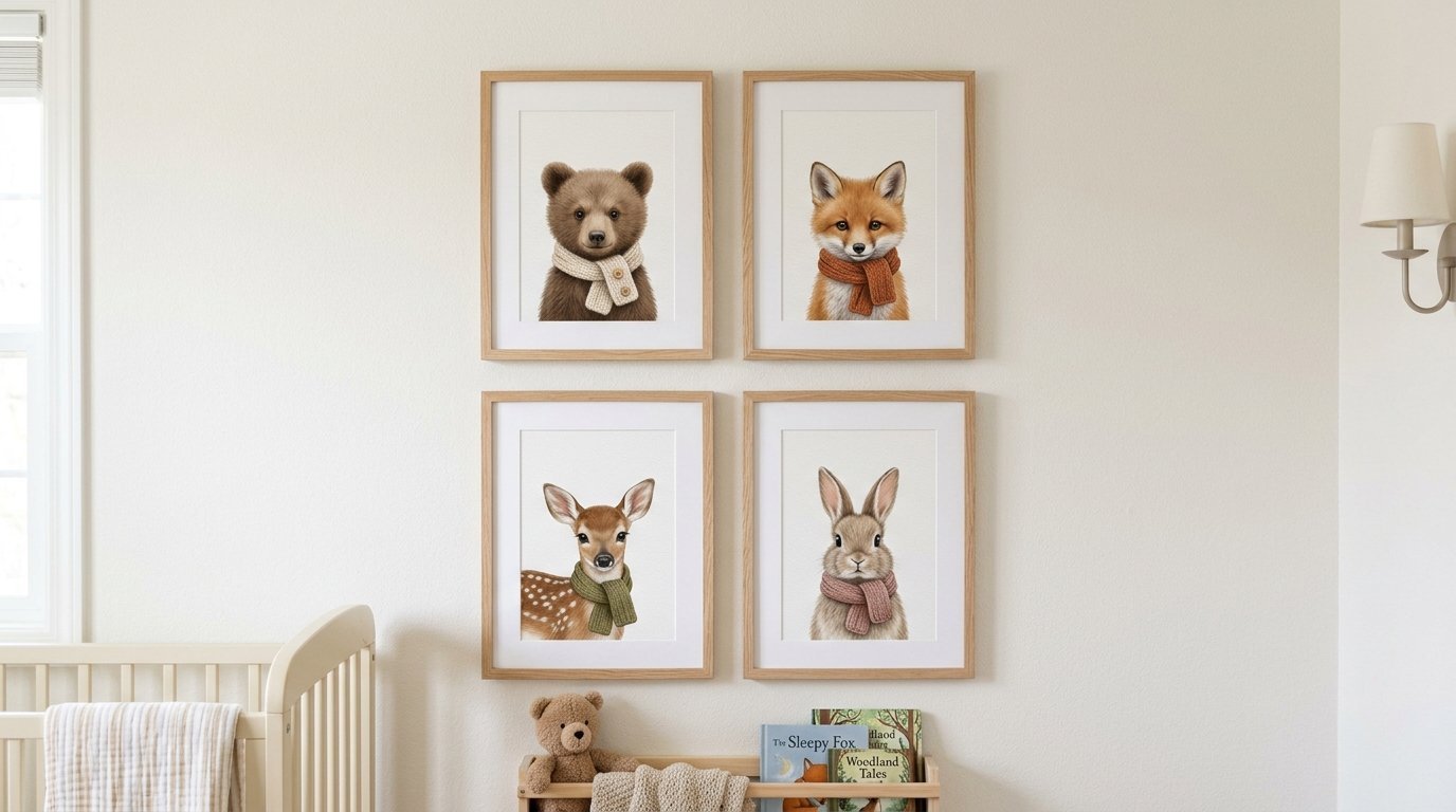 Gallery wall of framed illustrations showing a bear, fox, deer, and rabbit wearing scarves in a nursery.
