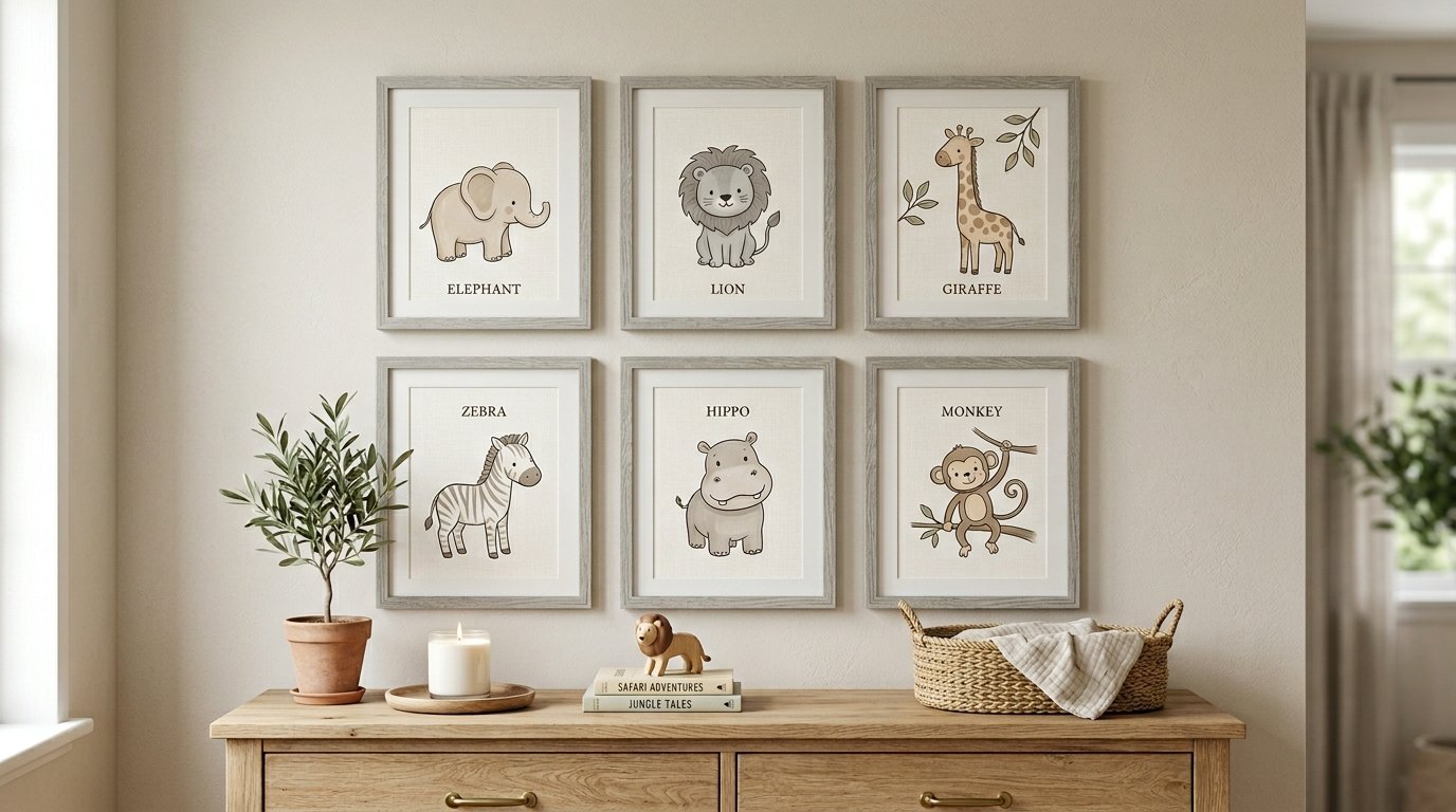Neutral nursery gallery wall featuring six framed illustrations of baby animals including a lion and giraffe.