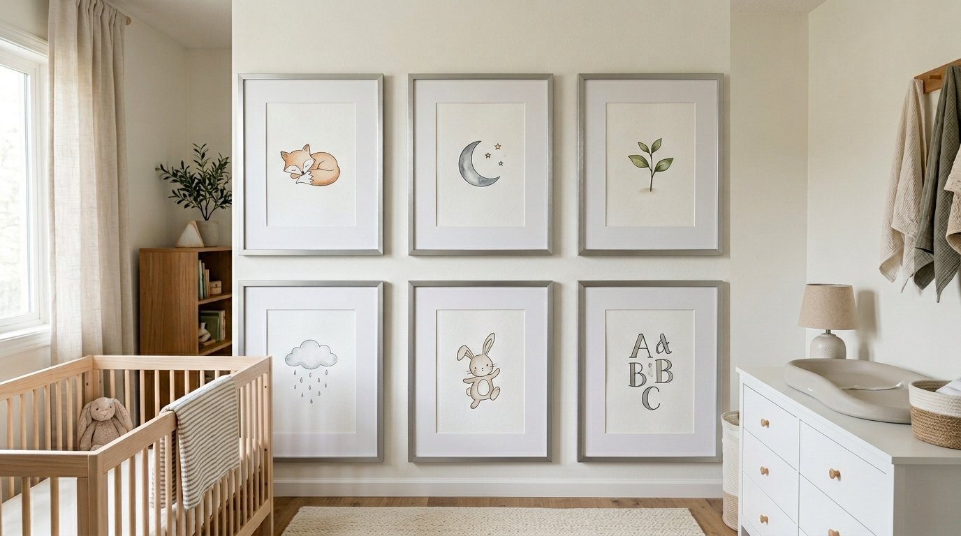A gallery wall of six watercolor illustrations featuring animals and nature in a cozy, neutral-toned infant nursery.