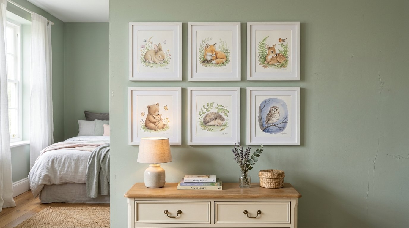 A gallery wall of six framed watercolor illustrations of baby forest animals inside a sage green bedroom.
