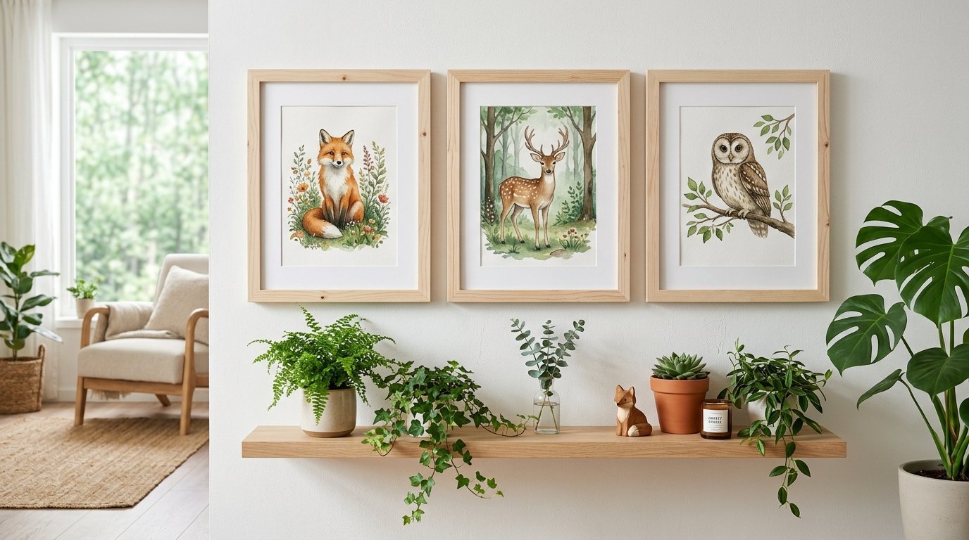 Wooden shelf with potted plants and fox, deer, and owl watercolor framed art on a white wall.