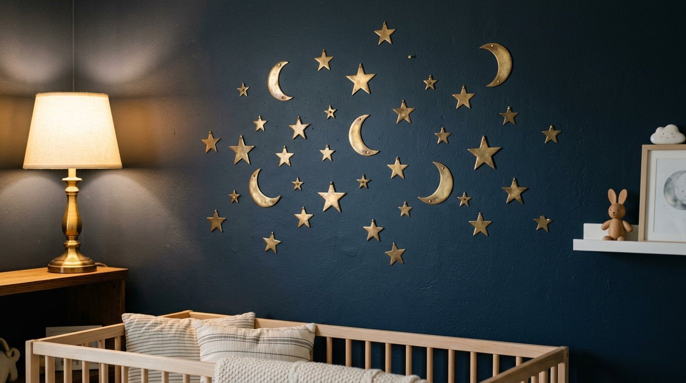 A dark blue bedroom wall featuring gold moon and star wall accents above a wooden baby crib.
