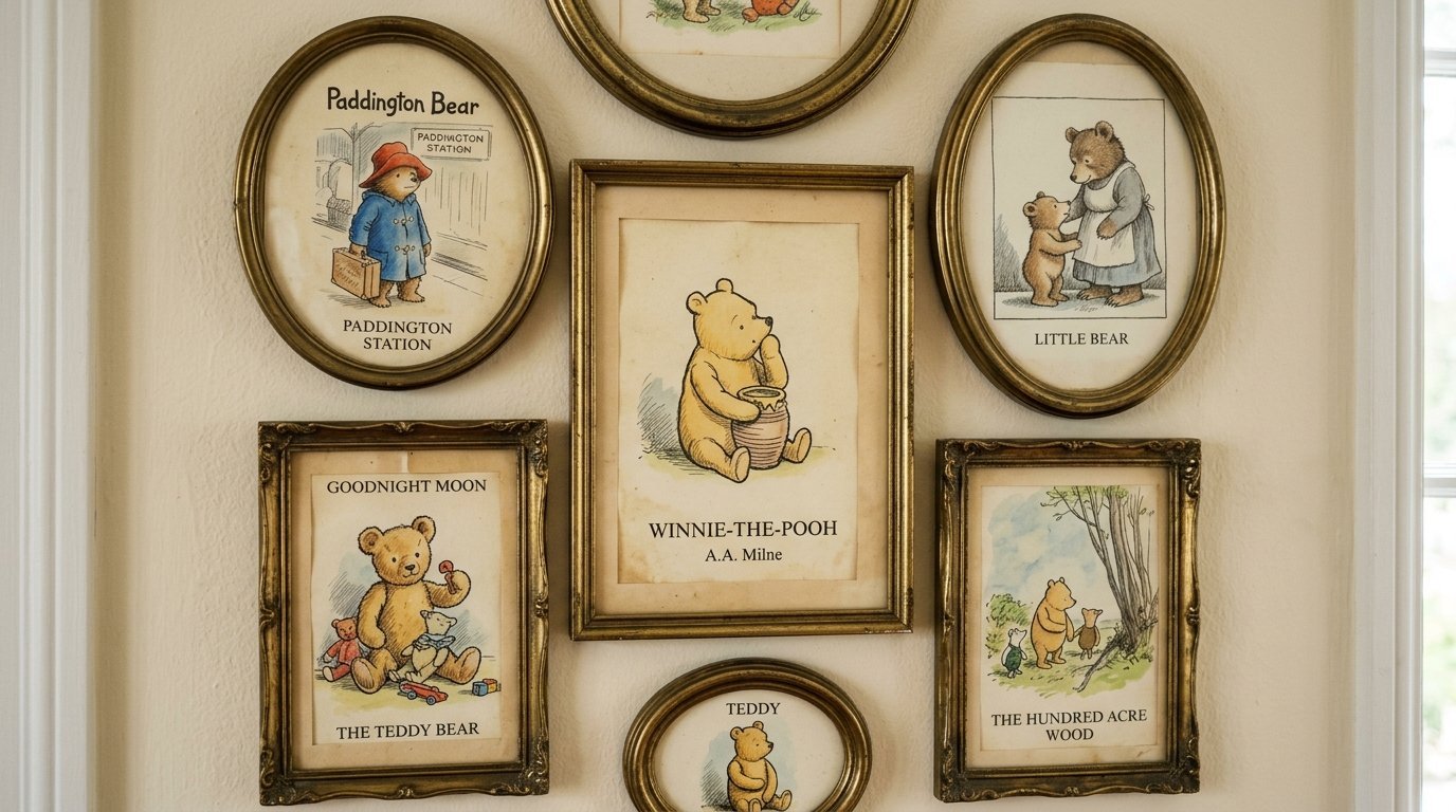 Collection of framed illustrations featuring Winnie the Pooh, Paddington Bear, and other storybook bears on a wall.
