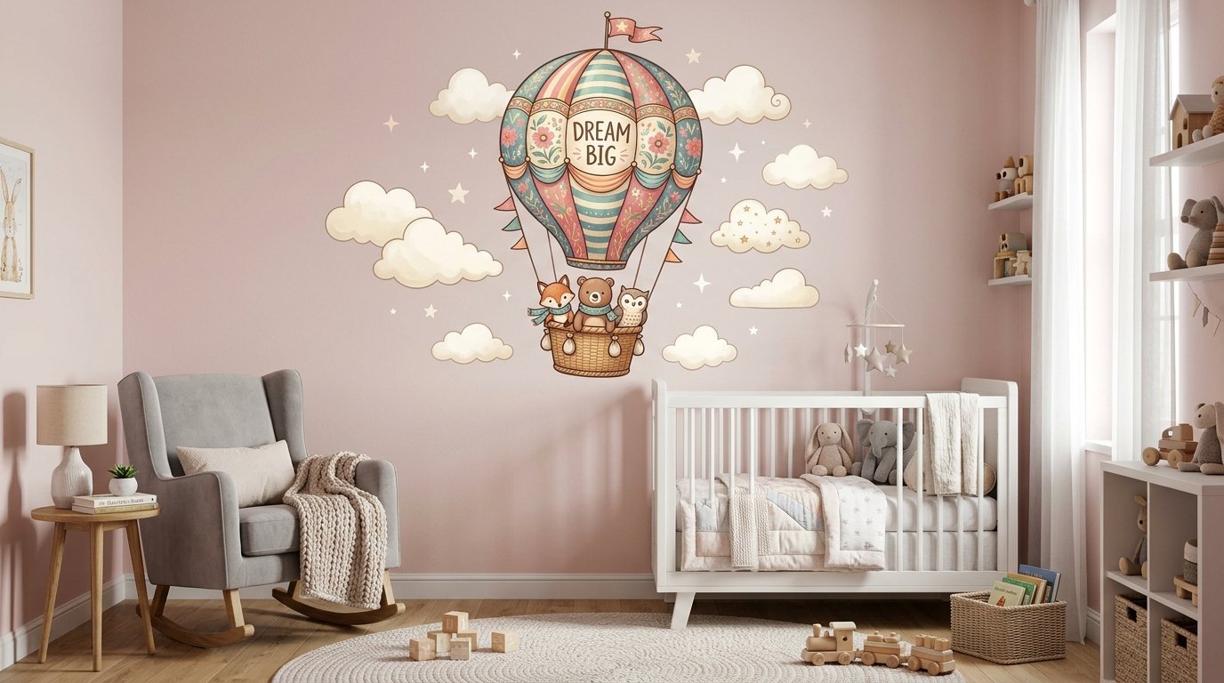 Colorful wall sticker of a hot air balloon carrying a fox, bear, and owl inside a cozy neutral-toned nursery room.