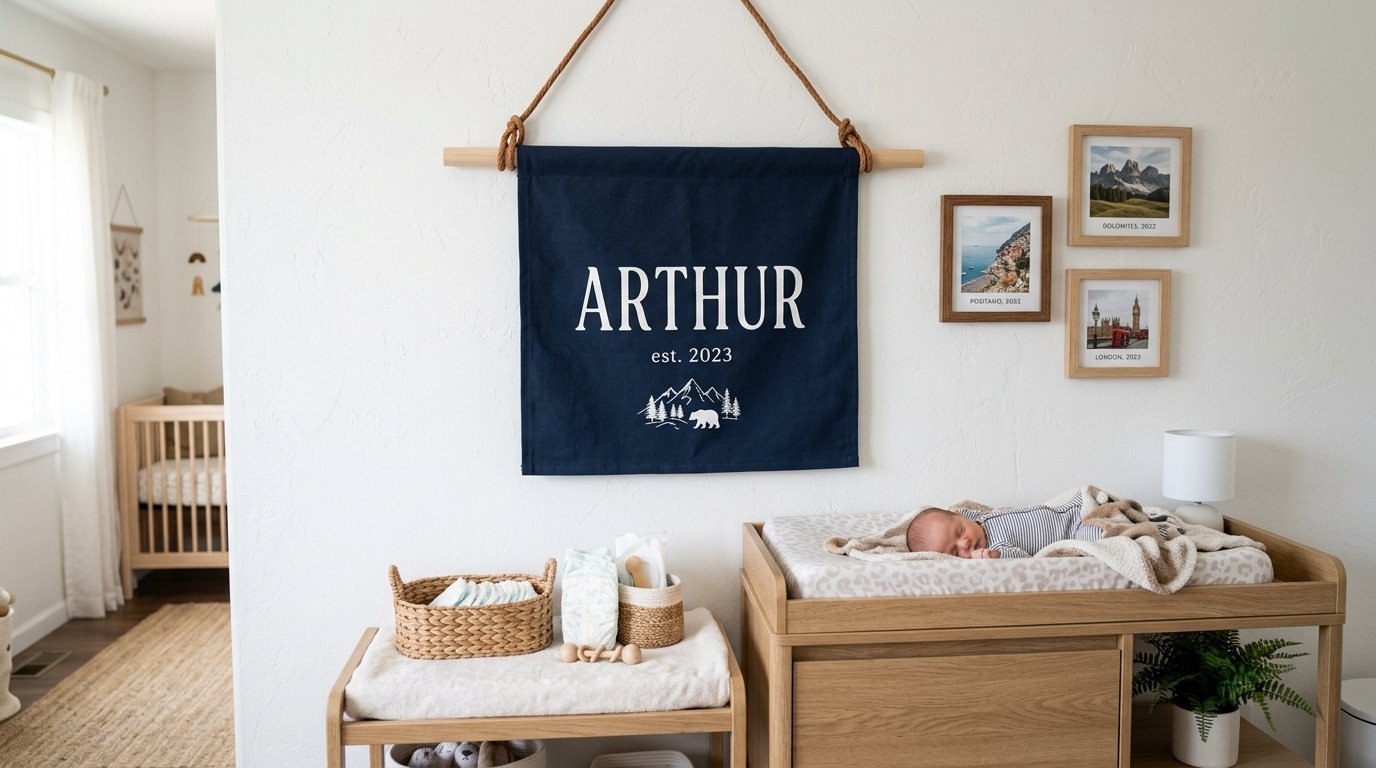 Newborn sleeping on a changing table below a personalized wall hanging with mountain and bear graphics.