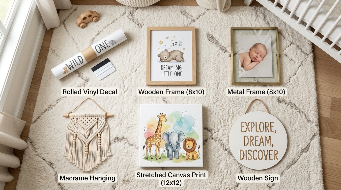 A flat lay of nursery decorations on a cream rug, featuring a decal, frames, canvas, macrame, and a round wood sign.