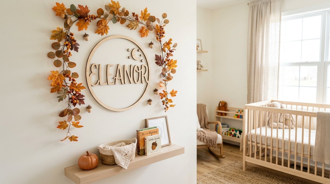 Round Eleanor name sign surrounded by fall leaves above a nursery shelf with a pumpkin and children's books.