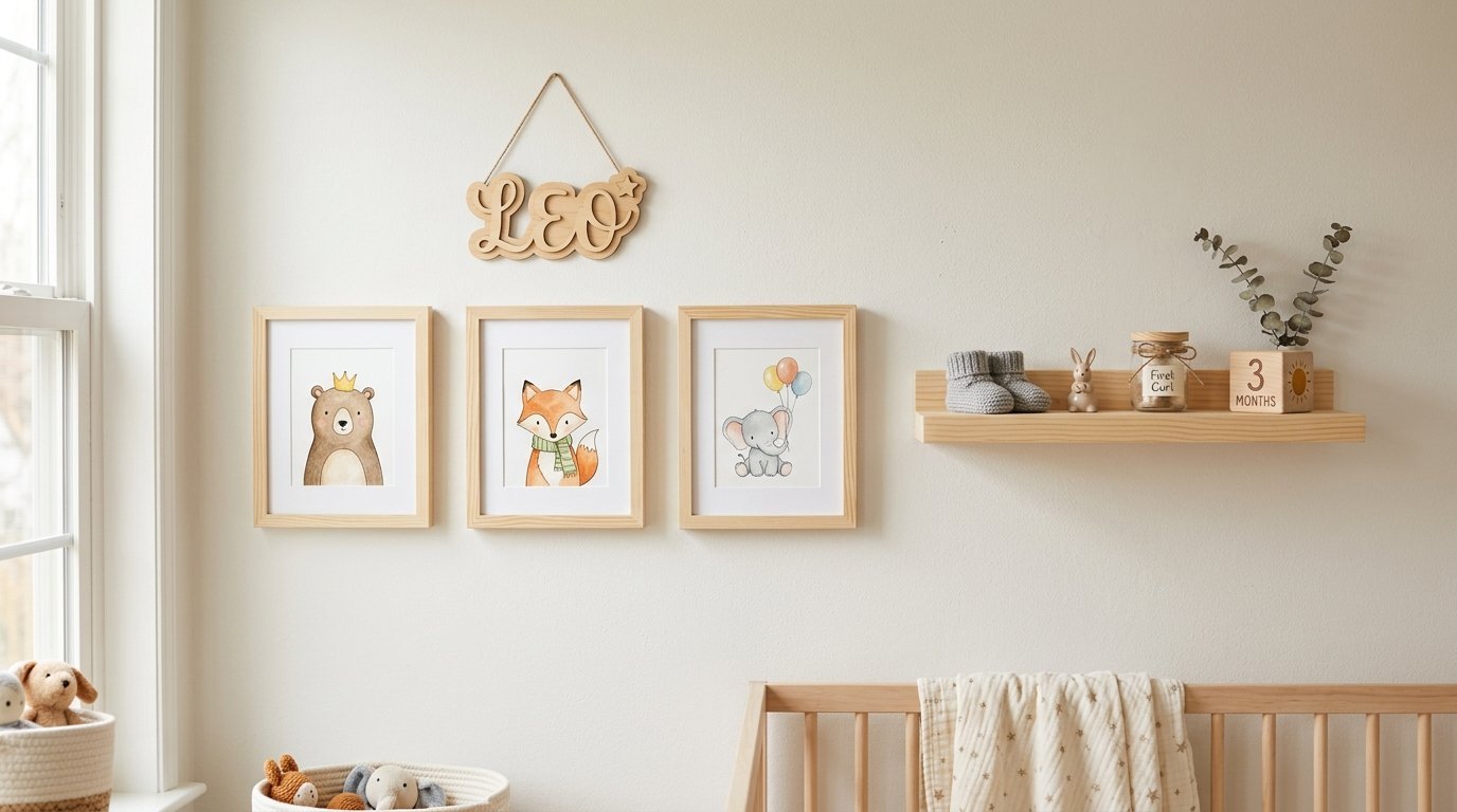 Neutral nursery wall featuring three framed animal prints, a personalized wooden sign, and a floating shelf with decor.