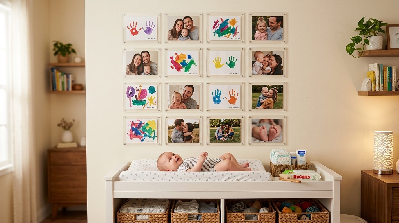A smiling infant on a changing pad below a gallery wall of family photos and children's colorful handprint art.