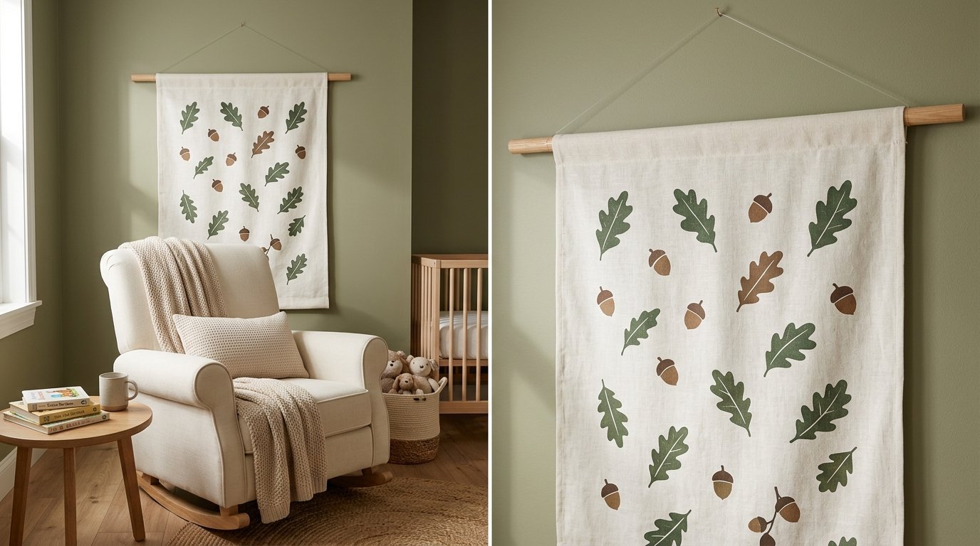 Close up of a decorative textile banner featuring printed oak leaves and acorns hanging on an olive green wall.
