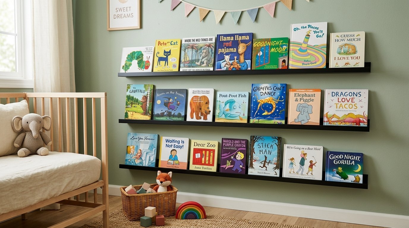 Floating black bookshelves on a light green nursery wall filled with classic illustrated children's storybooks.