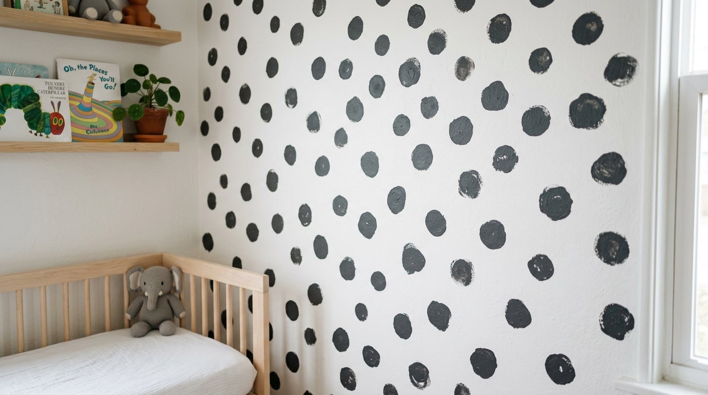 White nursery wall with black hand-painted polka dots next to a wooden crib and floating shelf.