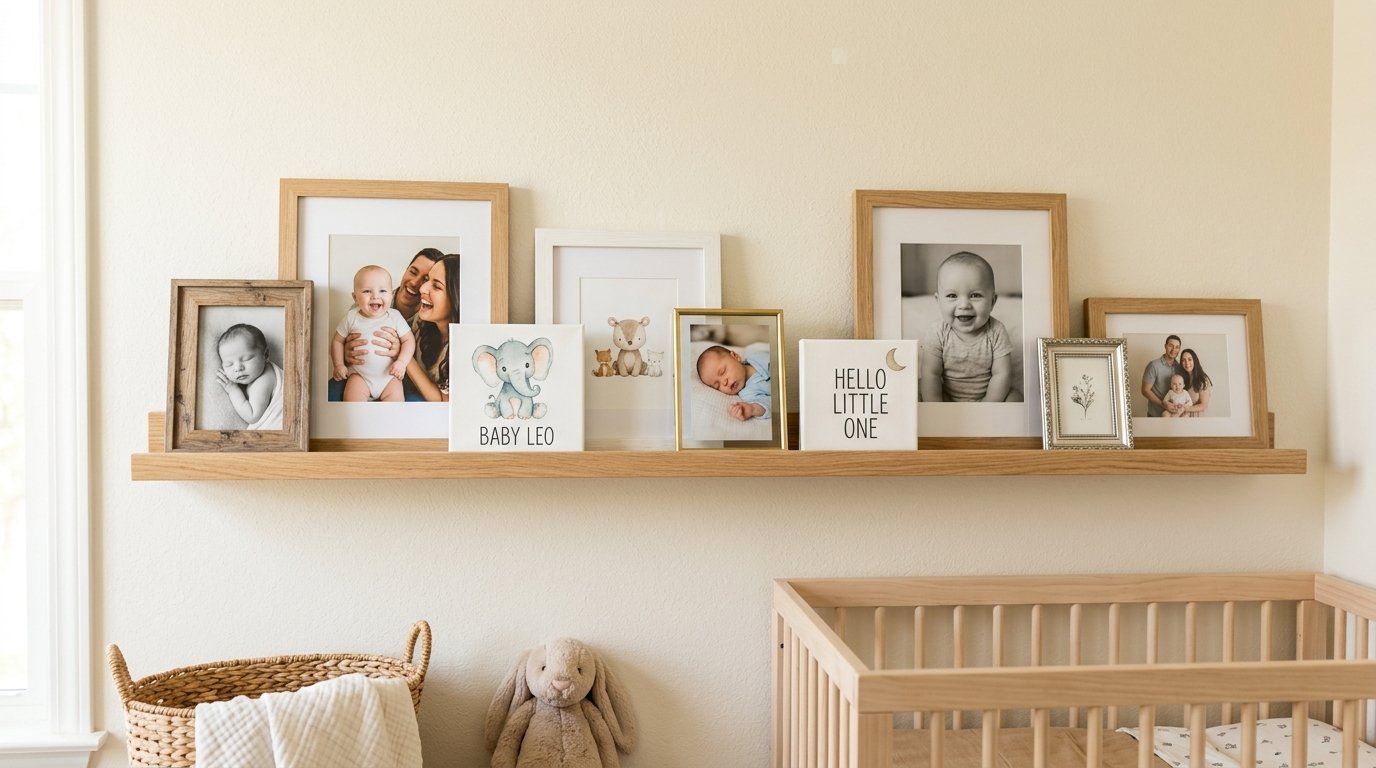 A wooden shelf holding framed photos of a baby and family above a crib with a stuffed rabbit toy.