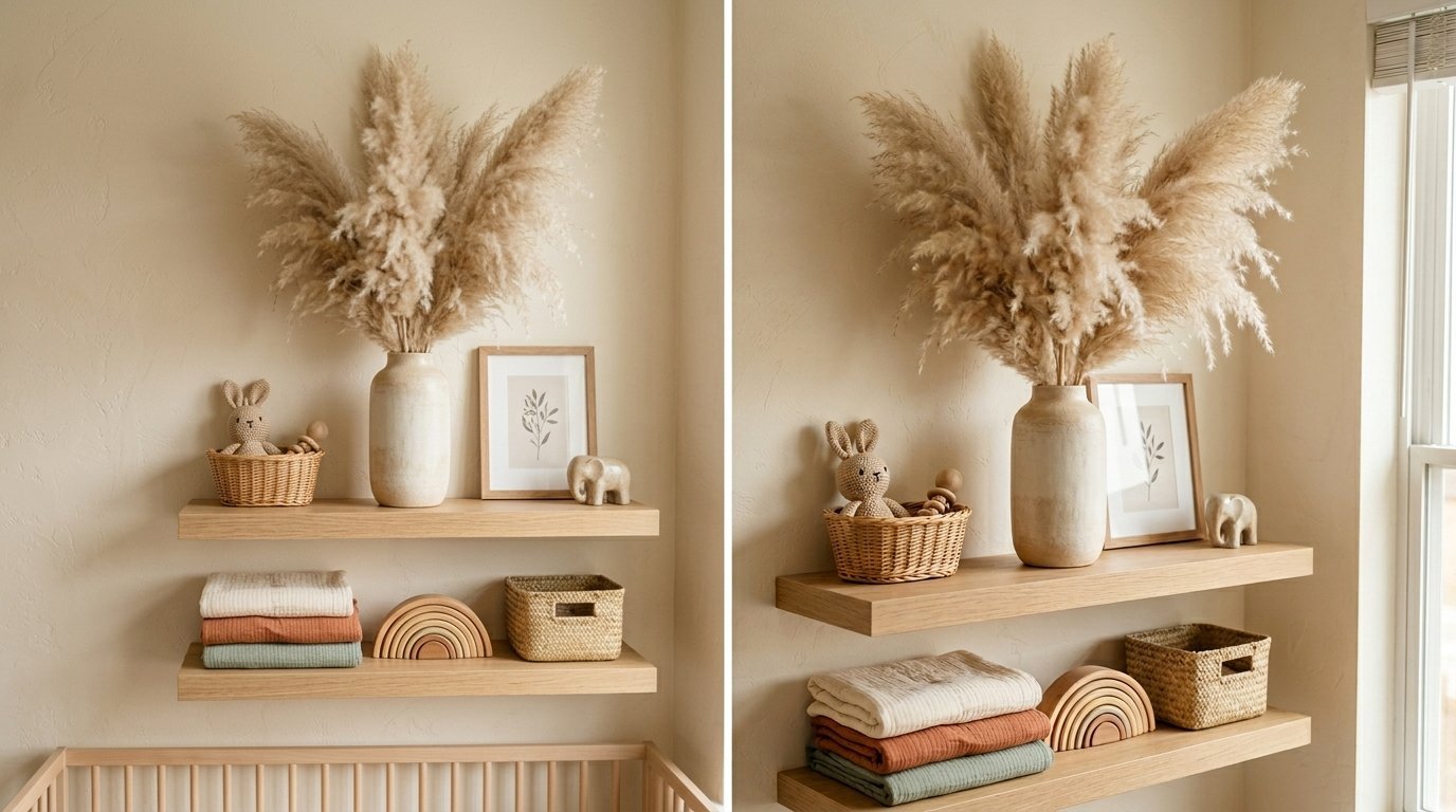 Floating wooden shelves in a nursery holding pampas grass, a crochet bunny, baby blankets, and a wooden rainbow toy.