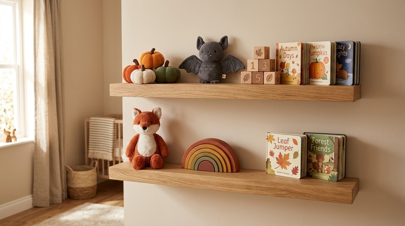 Two light wood wall shelves holding plush toys, seasonal pumpkin figures, and children's books.