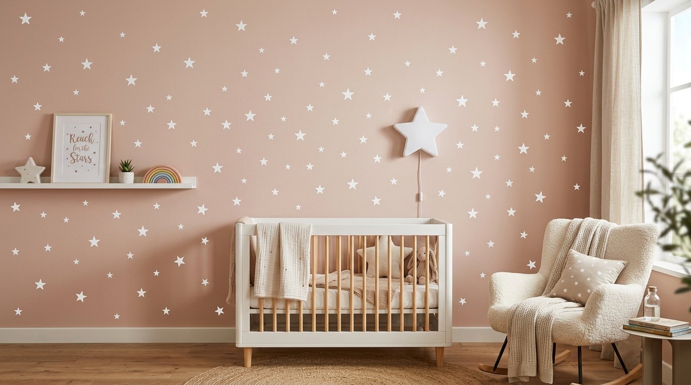A soft pink bedroom wall decorated with white star stickers, a star lamp, and a white wooden baby crib.