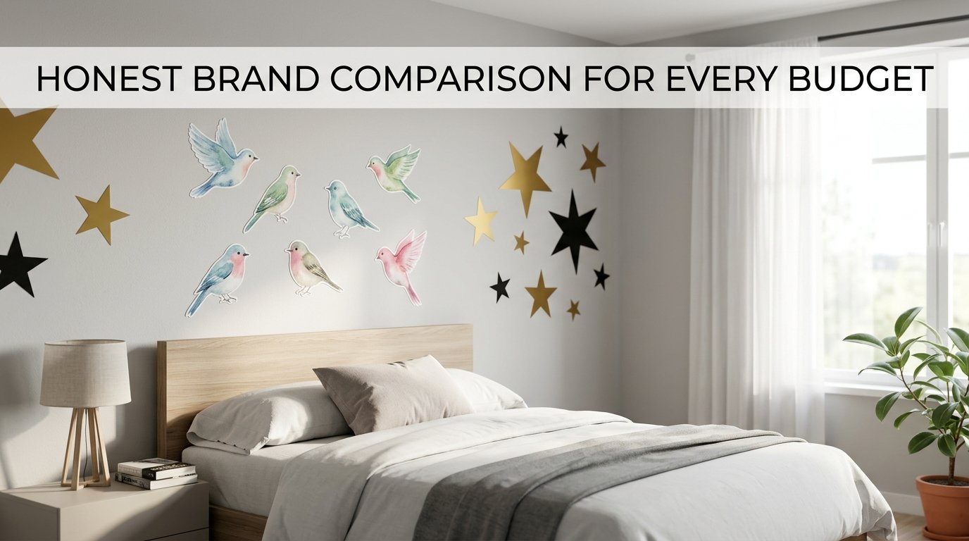 Bedroom wall decorated with pastel bird decals and metallic gold and black star stickers above a wooden bed frame.