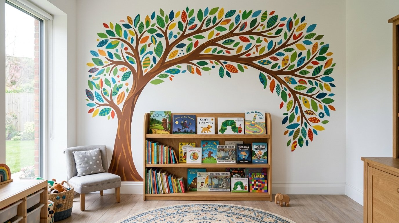 Colorful tree sticker on a nursery wall above a wood bookcase filled with various children's storybooks.