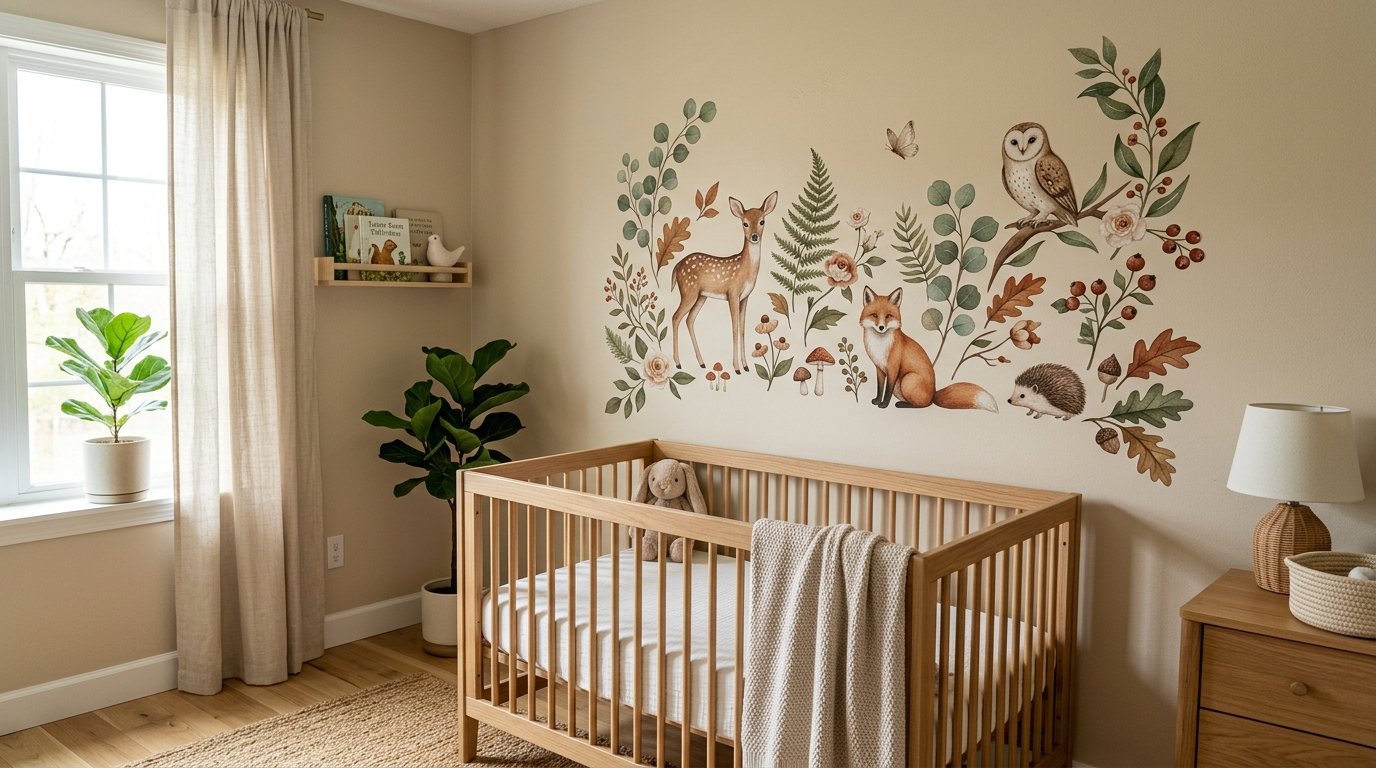 A baby crib sits in front of a tan wall decorated with watercolor wall decals of a fawn, fox, owl, and hedgehog.