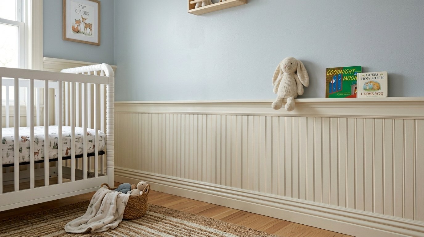 A white crib stands next to a cream-colored beadboard wall featuring a toy bunny and children's books.