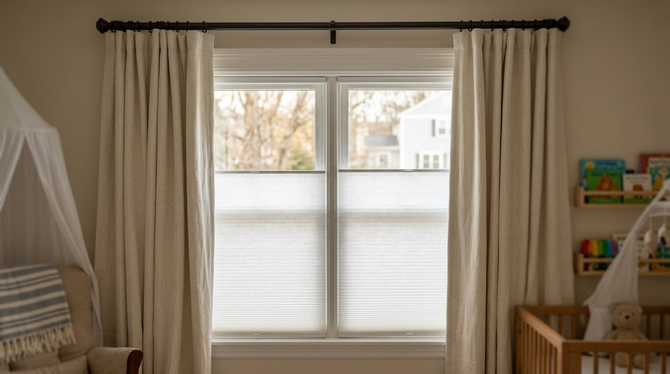 Close up of a nursery window with light-filtering cellular shades and neutral-toned floor-length fabric curtains.
