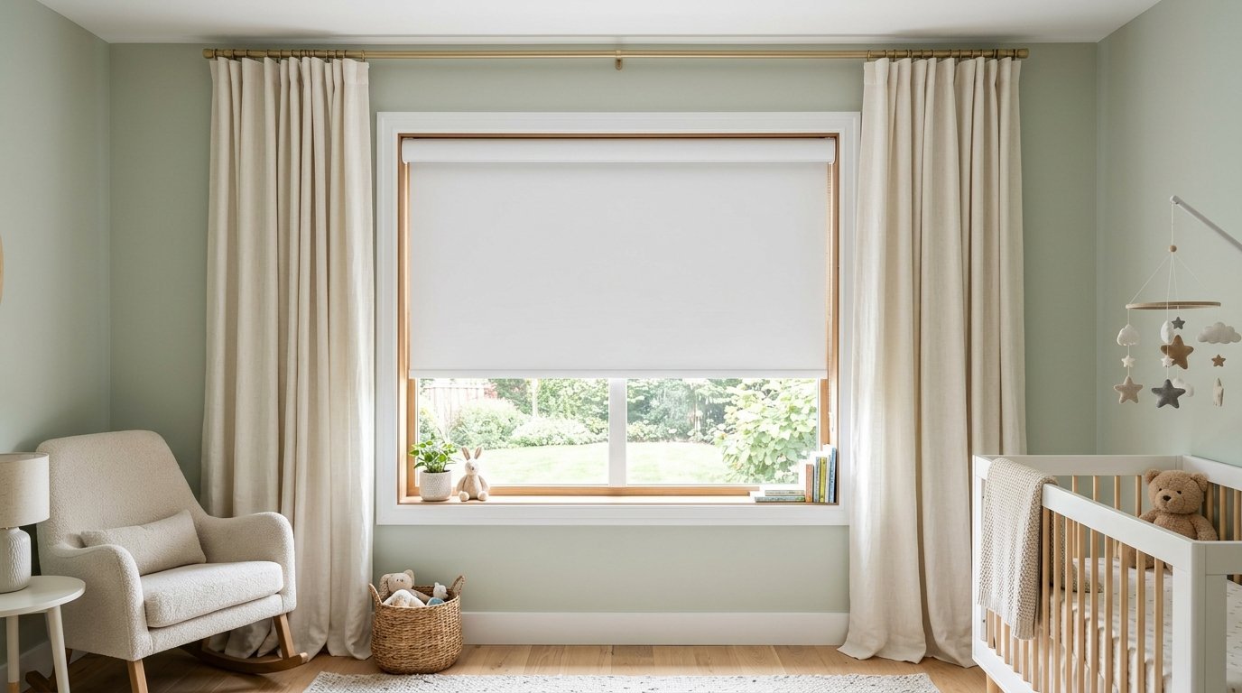 Bright nursery window with beige curtains and lowered white blind, flanked by a rocking chair and a crib.