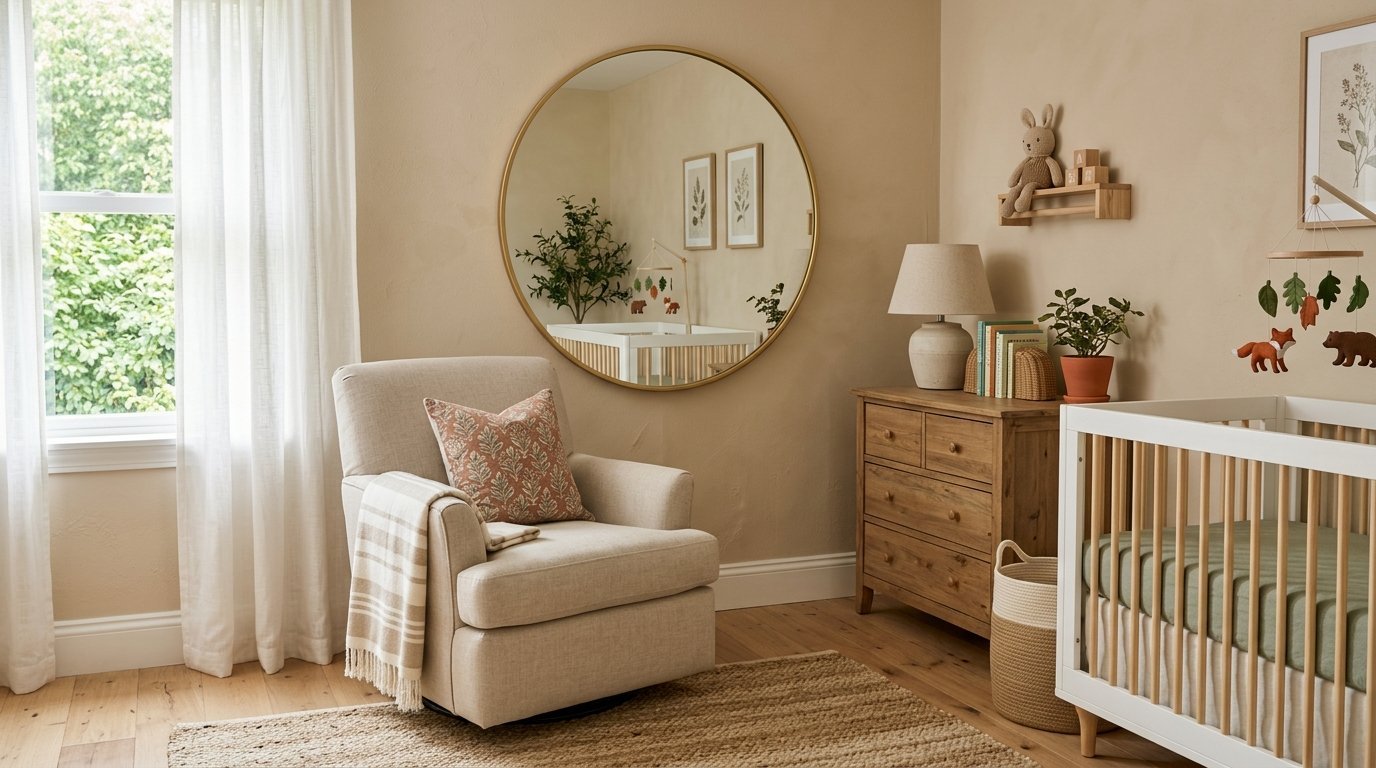 Neutral toned baby room with a beige swivel chair, large round mirror, wooden dresser, and white crib.