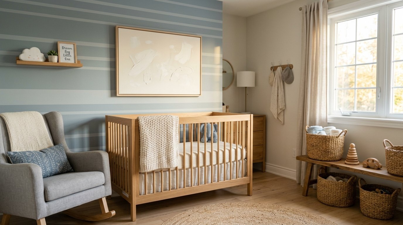 A serene nursery room with a wooden crib, striped blue wall, rocking chair, and wicker storage baskets.