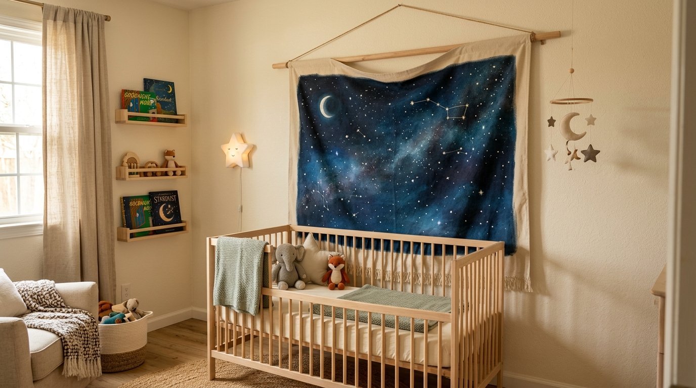 Baby crib in a calm nursery decorated with a blue galaxy tapestry, star lamp, and hanging moon mobile.