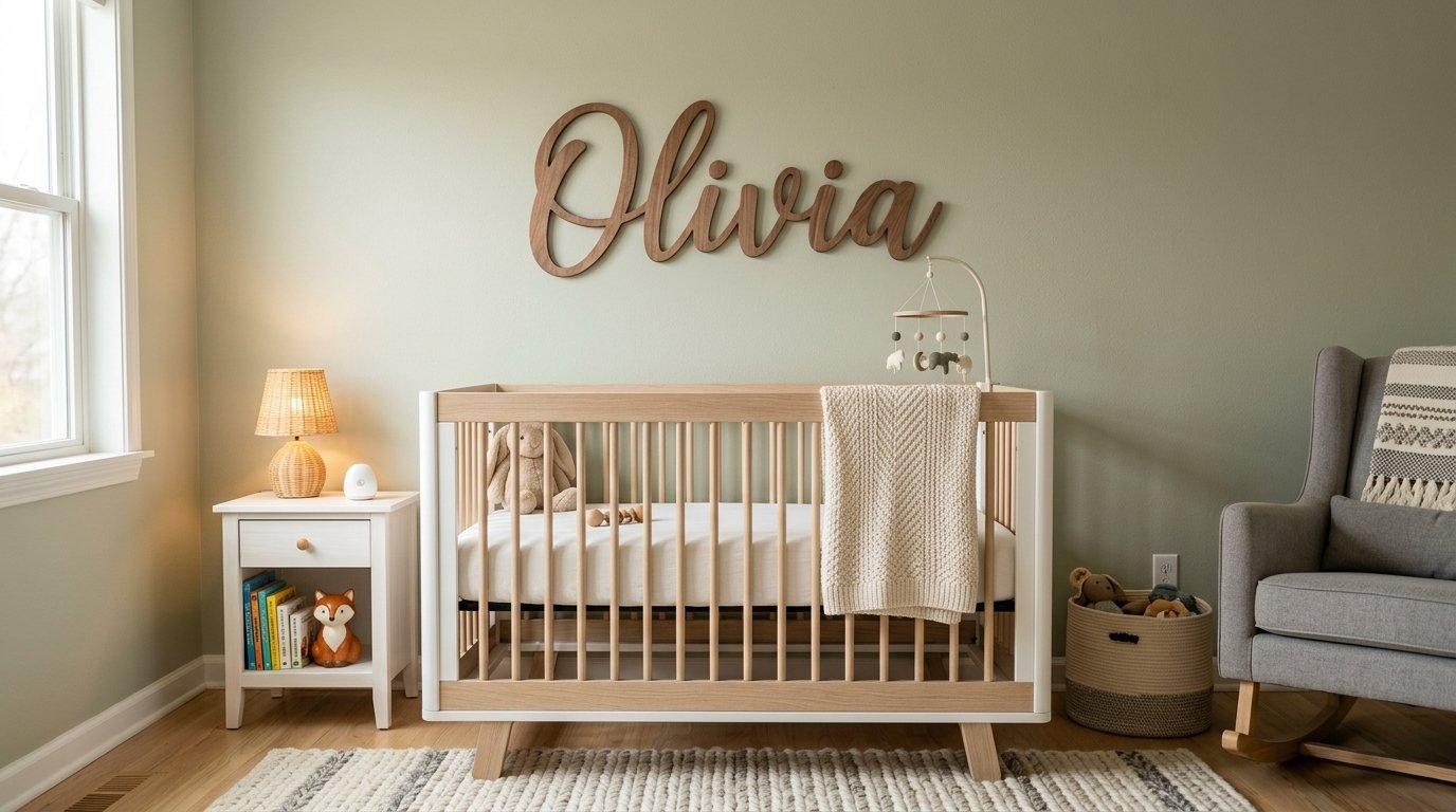 Neutral nursery featuring a wooden script name sign, light wood crib, and sage green walls.