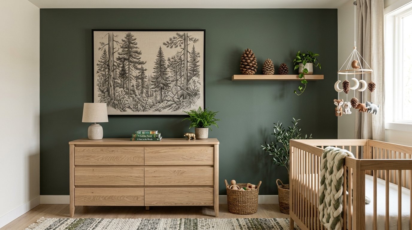 A baby nursery featuring a green wall, wood crib, six-drawer dresser, forest art, and a hanging pinecone mobile.