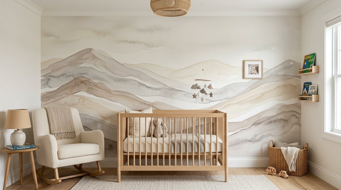 A calm baby room with a wooden crib, beige rocking chair, and a neutral-toned mountain scene painted on the wall.
