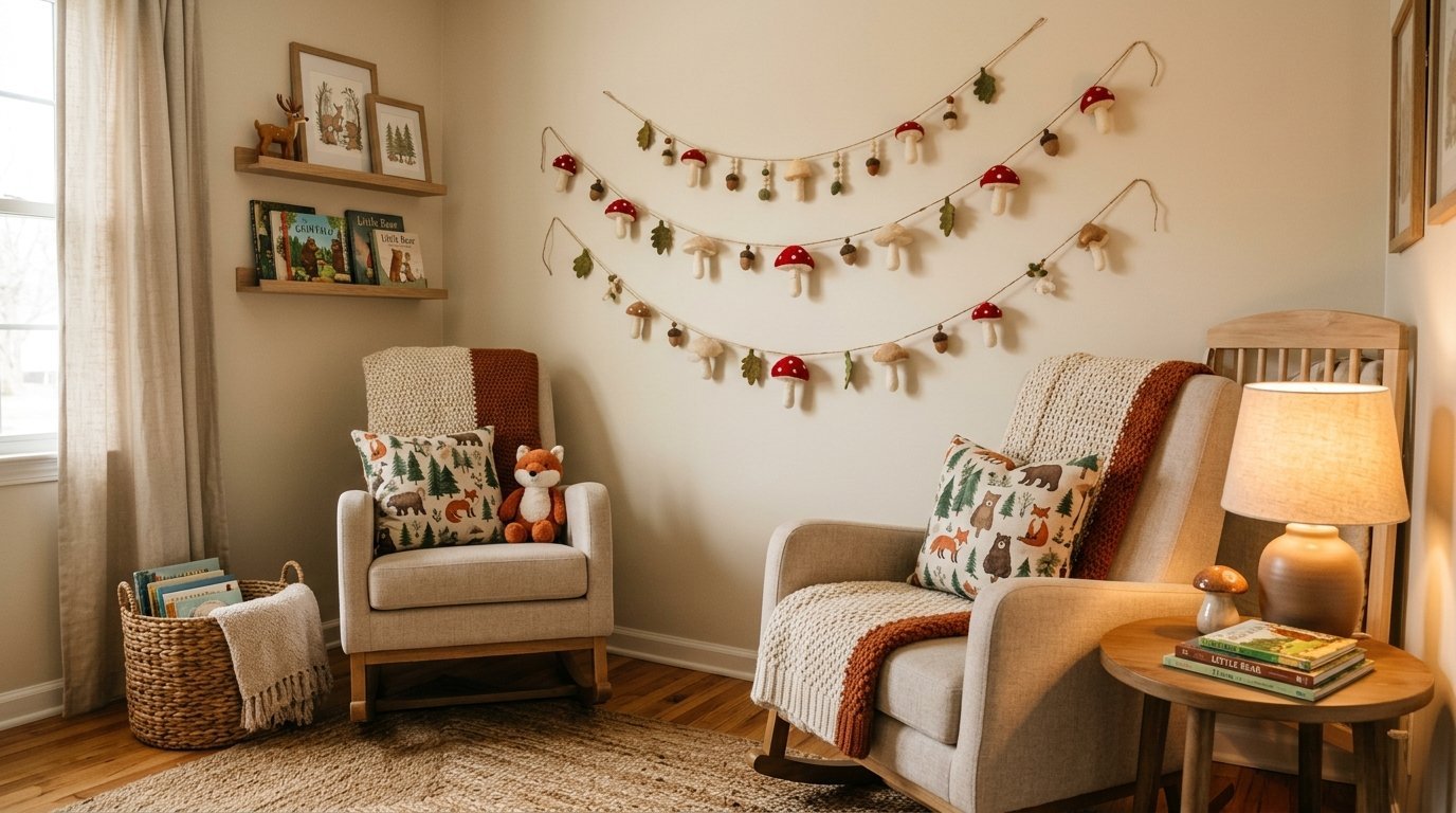 Two cream rocking chairs in a room decorated with a string of felt mushrooms, acorns, and leaves.