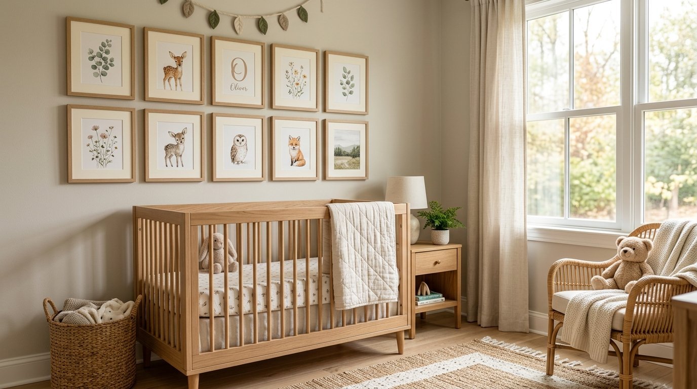 A calm nursery room featuring a light wood crib, a gallery wall of animal prints, and a rattan chair with a teddy bear.