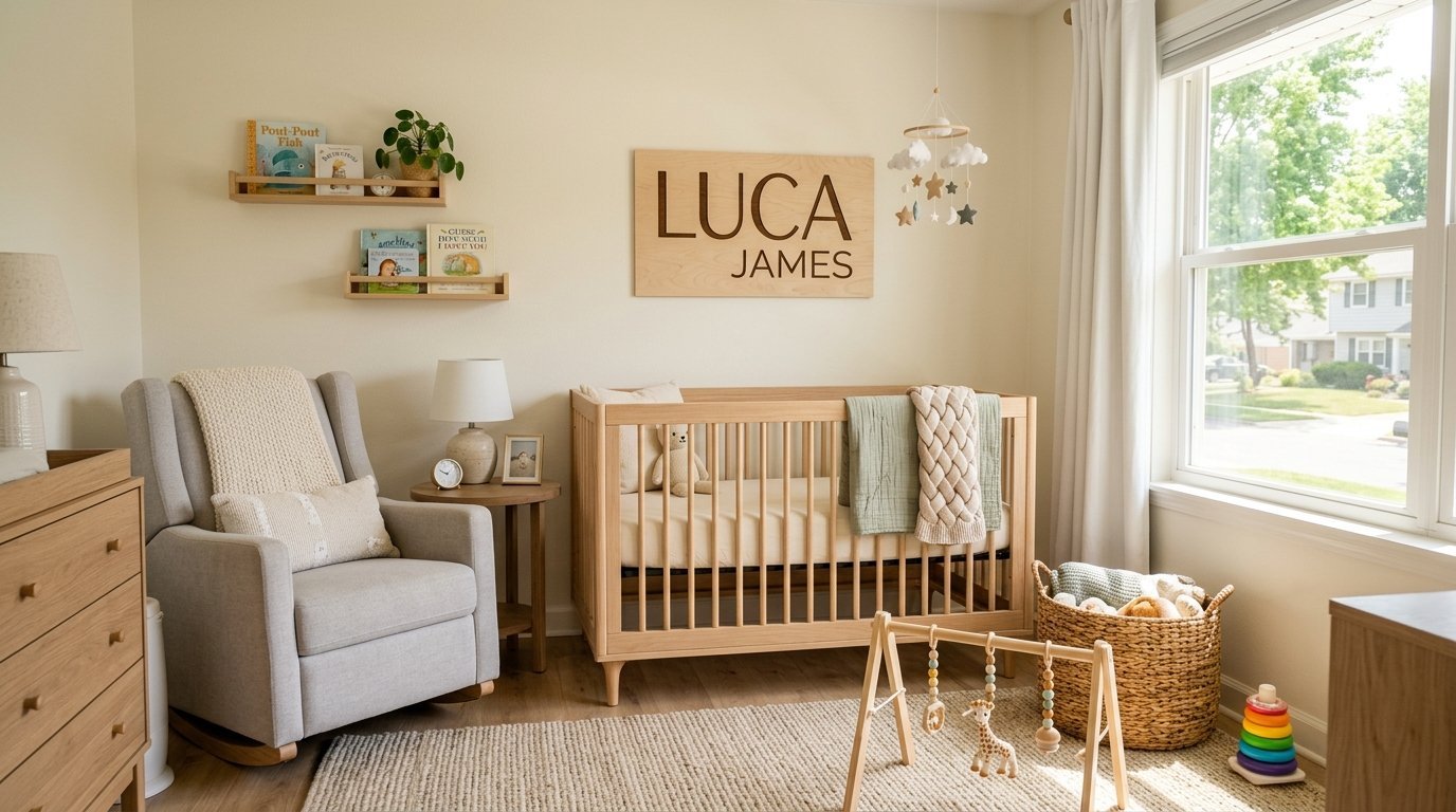 Bright baby room with a wooden crib, Luca James sign, rocking chair, and natural light coming from a large window.