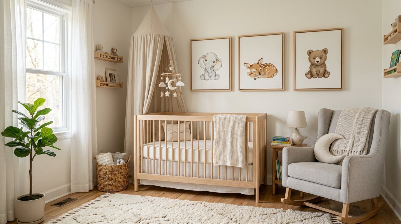 Modern nursery with a wooden crib, beige canopy, grey rocking chair, and framed animal illustrations on the wall.