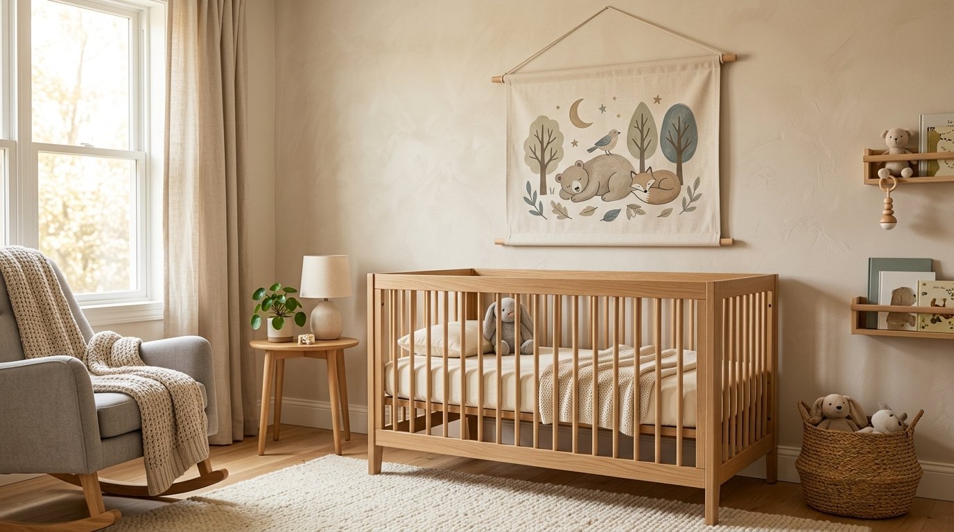 A natural wooden crib sits in a sunlit room beneath a woodland-themed canvas wall hanging.
