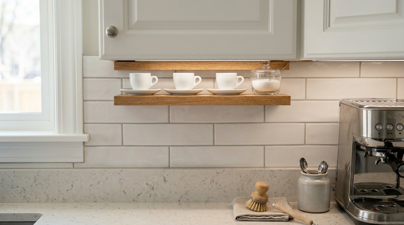 A wooden shelf holding three coffee cups and a sugar bowl mounted above white subway tile backsplash.
