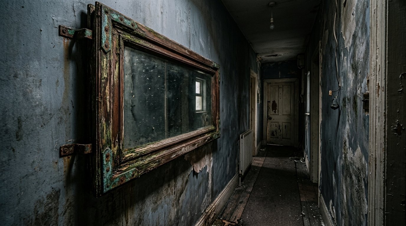 View of a distressed, dark corridor with a rusted antique mirror hanging on a crumbling blue wall.