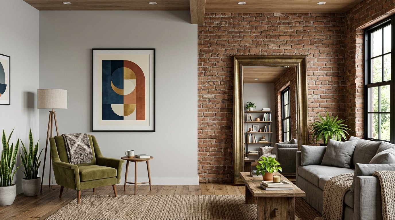 A rustic living room featuring an olive green armchair, a grey sofa, and a large gold-framed floor mirror.