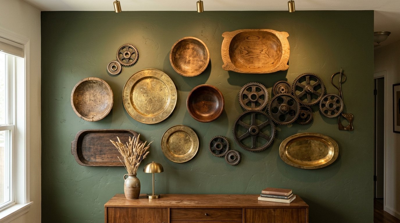 A gallery wall with metal machinery cogs, wooden dough bowls, and brass platters mounted on a dark olive green wall.